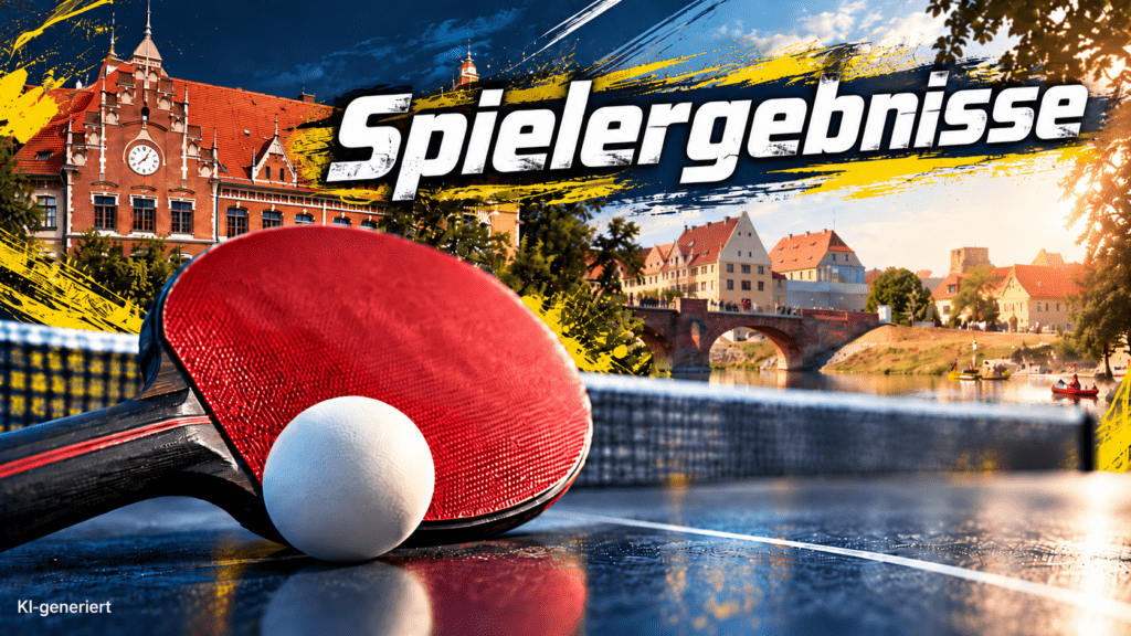 Tischtennisschläger vor der Roten Schule in Grimma, im Hintergrund die Mulde